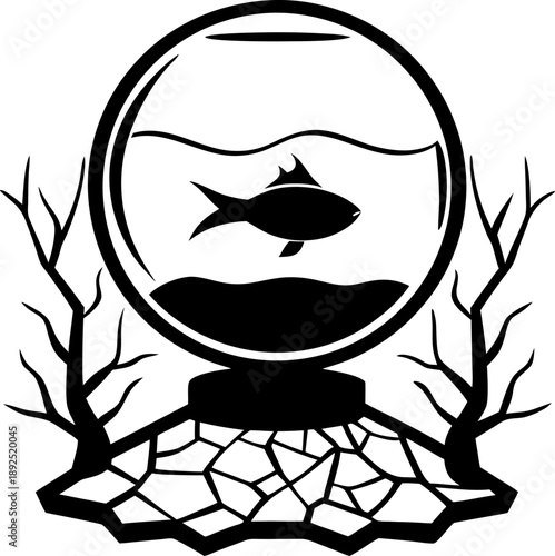 Fish swimming inside a glass bowl standing on cracked dry ground with dead barren trees around