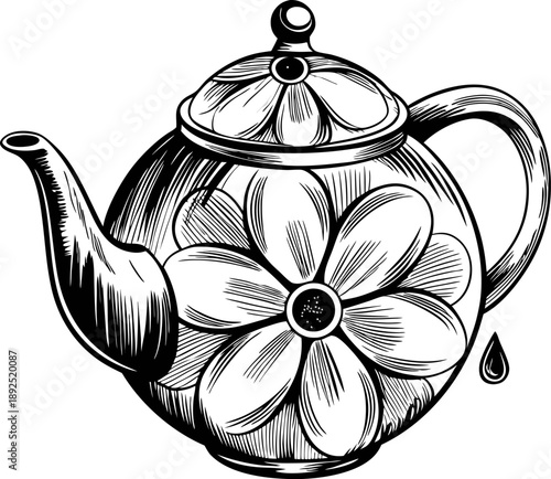 Teapot with floral design and water drop, vintage kitchenware illustration, classic tea kettle sketch