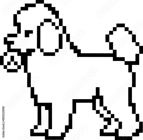 Pixel art poodle dog silhouette with curled tail and floppy ears in black and white outline