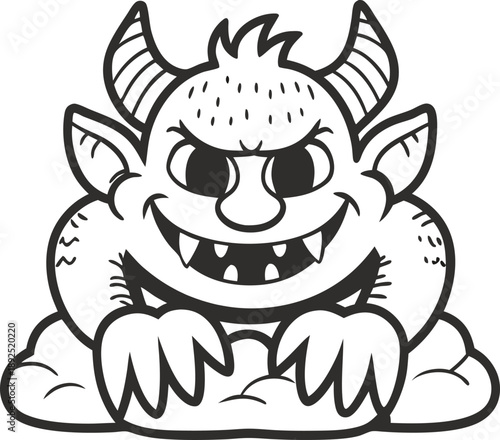monster with horns and sharp teeth smiling mischievously, playful creature with claws and furry head
