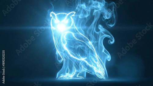 A luminous blue owl rendered in a stylized manner, with smoky effects on a dark background