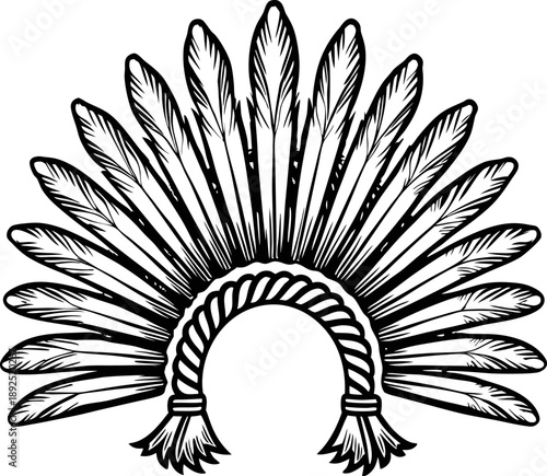 Traditional native american feather headdress with detailed feathers and rope band illustration