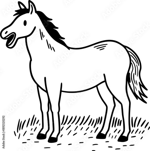 black and white illustration of a cheerful horse standing on grass