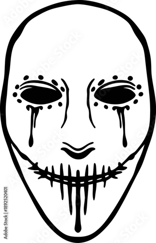 Creepy mask with hollow eyes and stitched mouth, dark tears dripping from eyes, spooky halloween design