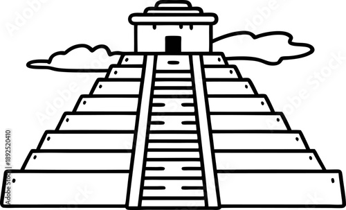 Ancient stepped pyramid with central staircase and temple structure, historical landmark silhouette design