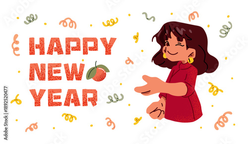 Chinese New Year girl character illustration. Cute cartoon flat illustration of a smiling girl holding a red lantern with festive decorations and holiday greeting.