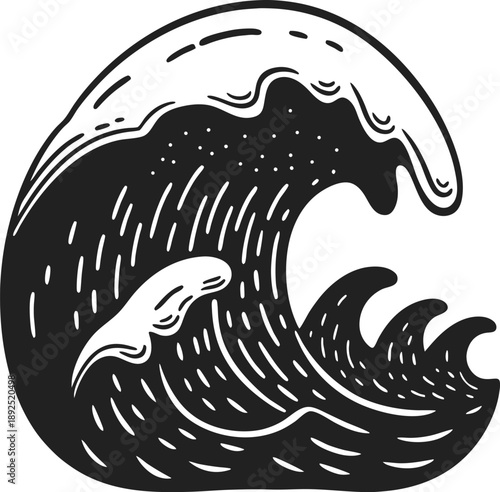 Large ocean wave illustration with curling crest and dynamic water motion in black and white design