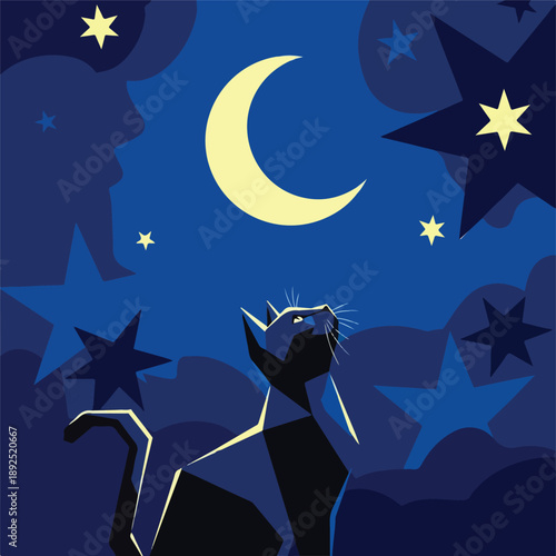 cat, moon, stars, night, sky, wonder, innocent, mystical, stylized