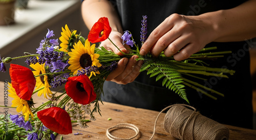 Florist Creating Artistic Floral Arrangement in Bright Studio
