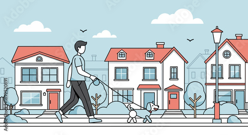 Man Walking Dog on Leash in Suburb.