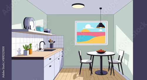 Modern Kitchen Interior with Dining Area.