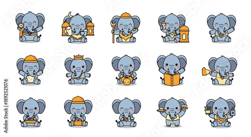 Cute Elephant Cartoon Character Set