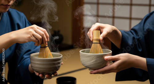 Traditional Tea Ceremony with Matcha Whisk and Ceramic Bowl