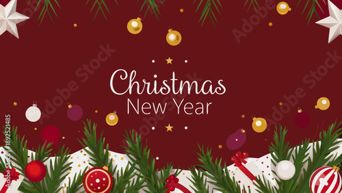 Christmas new year holiday still life vector illustration with clustered decorative elements on red background with festive and celebration and winter