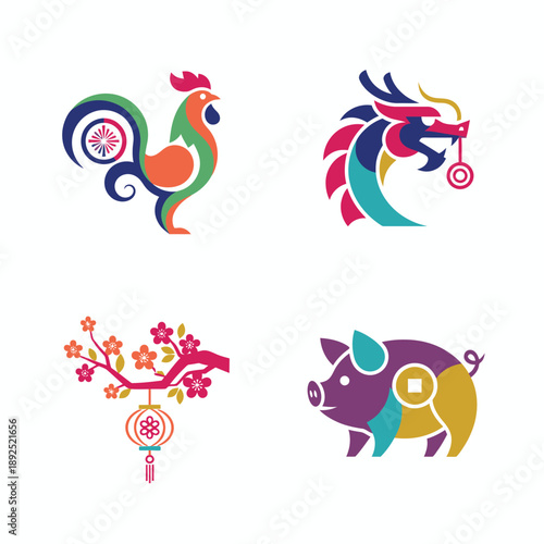Chinese Zodiac Animals Icons: Rooster, Dragon, Pig, and Cherry Blossoms