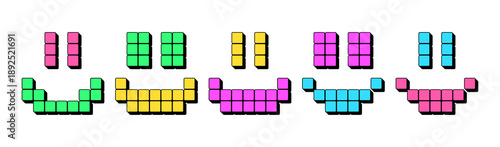 Pixel smile icon with eyes. 3d smile face in pixel art style, retro game icon. Happy smiling face and good vibe, happy mood emoticon, gaming digital emoji. Arcade icon design, vector set