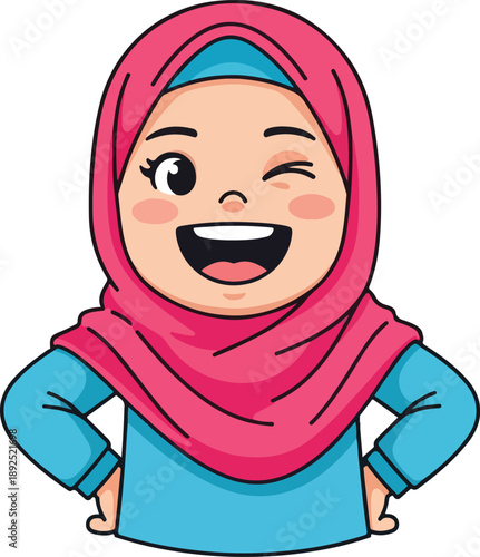 girl, hijab, cartoon, happy, winking, innocent