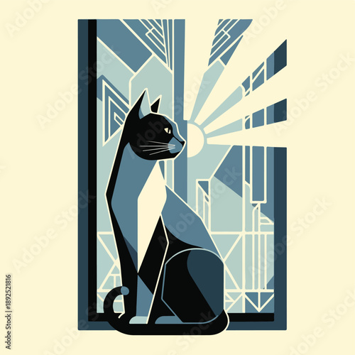 cat, art, deco, sunrise, stylized, visual, serene