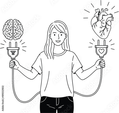 Woman holding plugs with brain and heart symbols