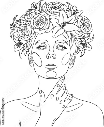 Beautiful woman with flowers in her hair and skincare routine