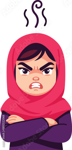 Angry Muslim Woman Wearing a Hijab with Arms Crossed, Expressing Frustration