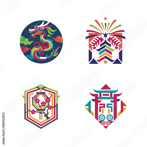 Asian Culture Icons: Dragon, Lantern, Torii Gate, Abstract Design