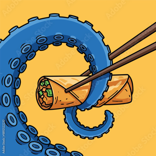 octopus, spring, roll, chopsticks, food