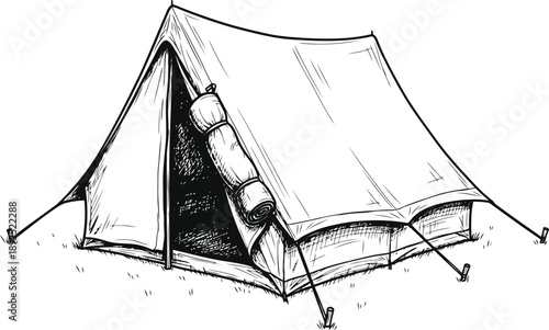 Camping tent with sleeping bag inside