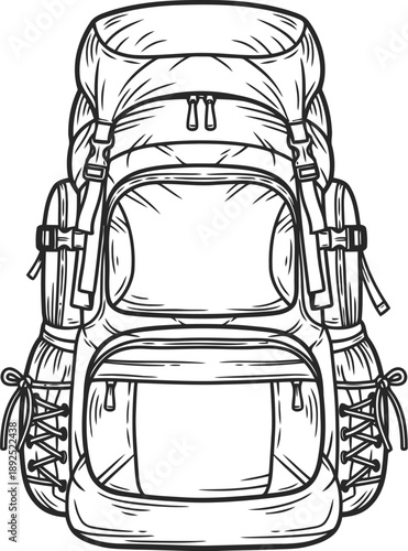 Detailed illustration of a large hiking backpack with multiple compartments