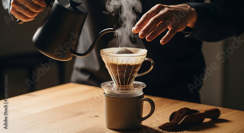 Close Up of Hands Pouring Water for Manual Drip Coffee Brewing