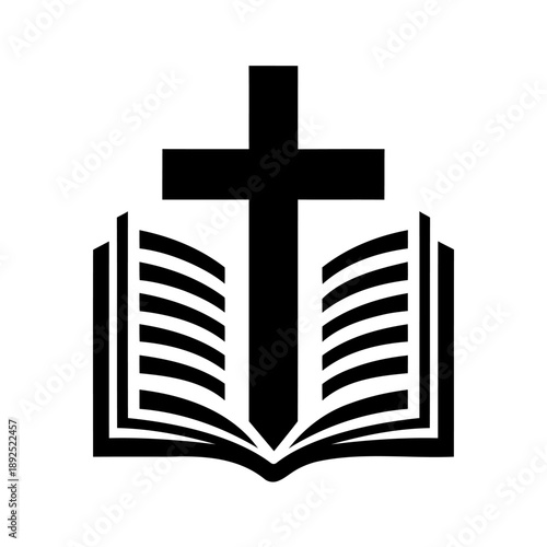 Christian cross and Bible icon. Black icon isolated on white background. Vector illustration