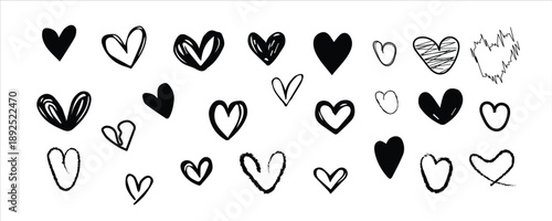 Doodle hearts drawn by hand. Grunge scribbles, rough sketch scrawls, chalk style strokes and messy ink doodles. Vector heart elements for creative journaling, notebooks and graphic design