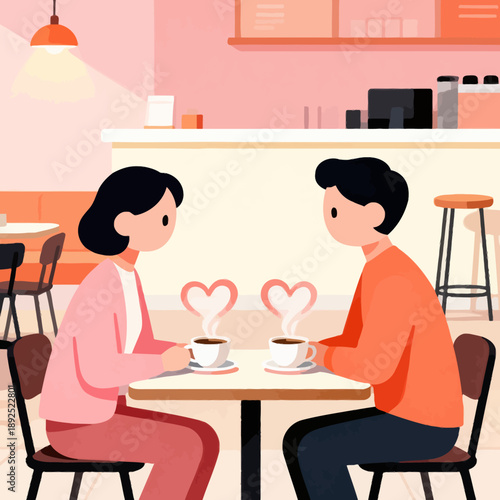 Young couple sitting at a cafe table enjoying coffee and conversation