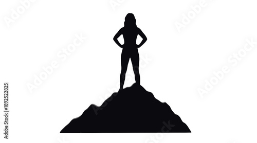 A silhouette of a confident woman standing atop a mountain, representing strength and achievement