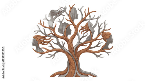 A unique artistic representation of a tree with faces embedded in the branches, symbolizing family and heritage