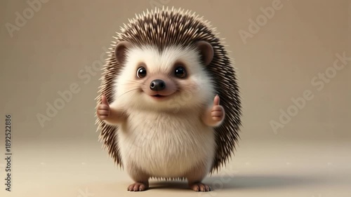 Happy hedgehog character dancing with thumbs up gesture, cute 3d animated mascot for kids and forest animal concepts with copy space on isolated.