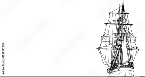 Detailed sketch of a sailing ship with multiple masts