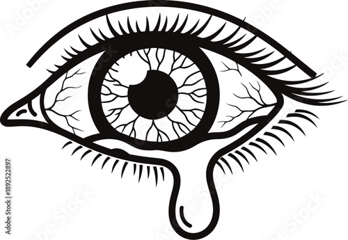 Crying eye with red iris and visible veins
