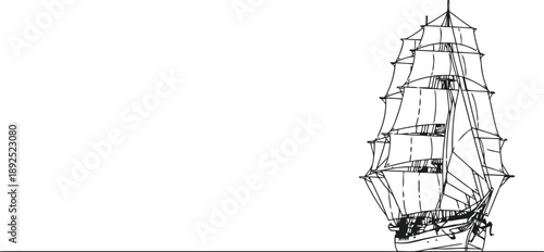 Vintage ship sailing on the ocean with multiple masts