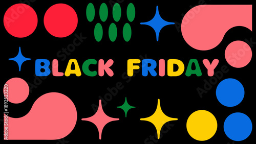 Colorful black friday text with geometric shapes on a black background for sales promotion event