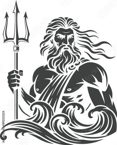 Poseidon emerging from the ocean waves with trident