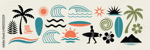 Surf and Beach Icon Vector Set with Tropical Elements Including Palm Trees, Ocean Waves, Surfboards, and Sun for Summer Designs, T-Shirts, Posters, Stickers, and Coastal Branding
