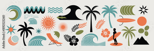 Surf and Beach Icon Vector Set with Tropical Elements Including Palm Trees, Ocean Waves, Surfboards, and Sun for Summer Designs, T-Shirts, Posters, Stickers, and Coastal Branding