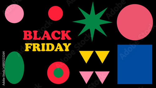 Black friday sale advertisement with geometric shapes in vibrant colors on black background