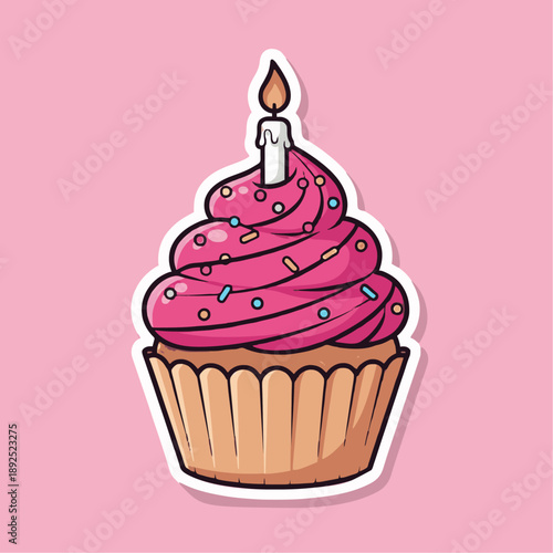 A cartoon-style pink cupcake with a lit candle and colorful sprinkles on a pink background with a white outline.