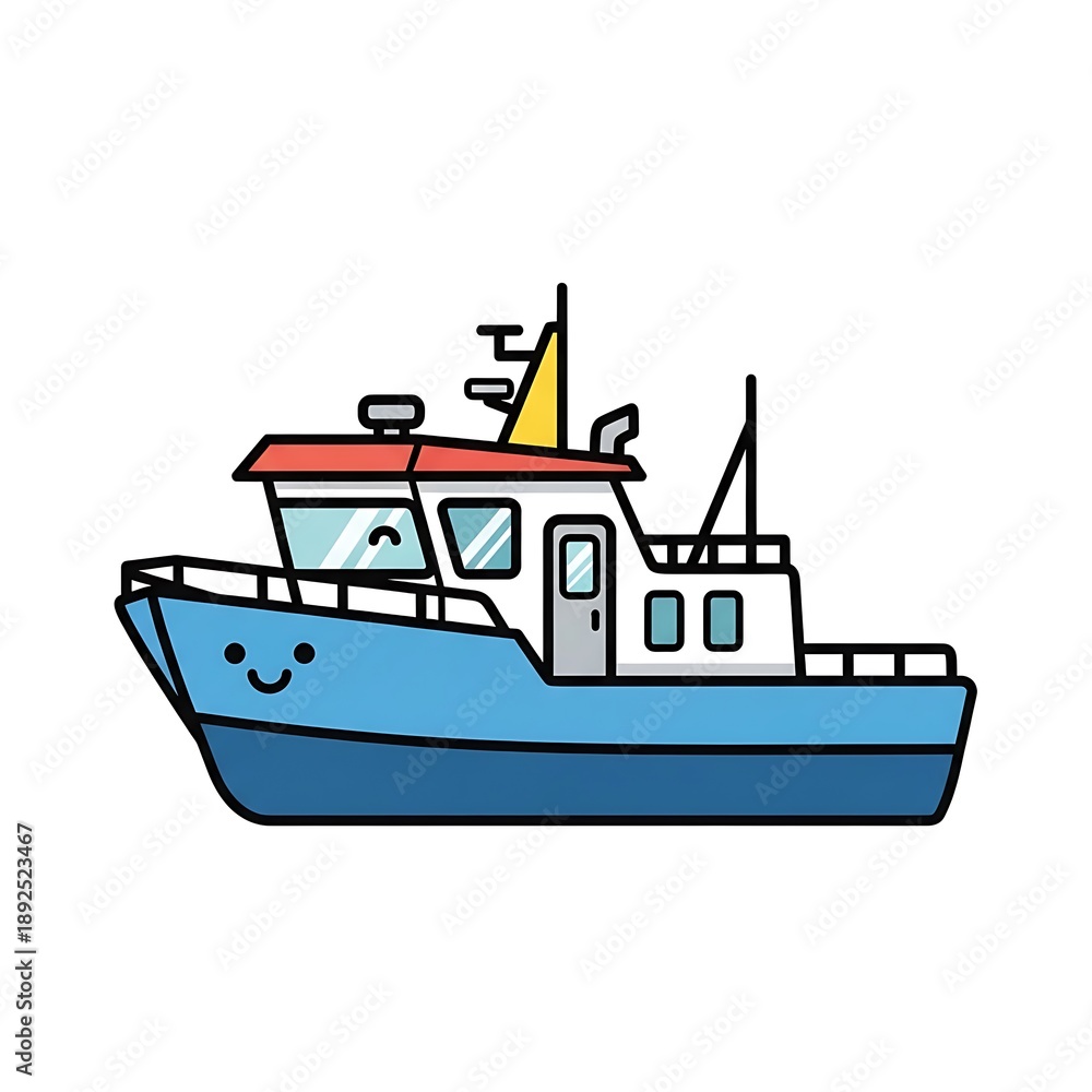 Obraz premium Cartoon Fishing Boat with Smiling Face.