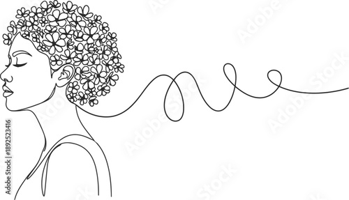 Woman with floral hair and flowing line art