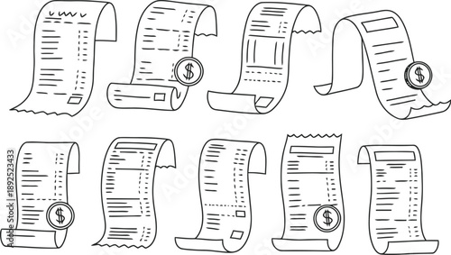 Collection of various receipts and invoices with currency symbols