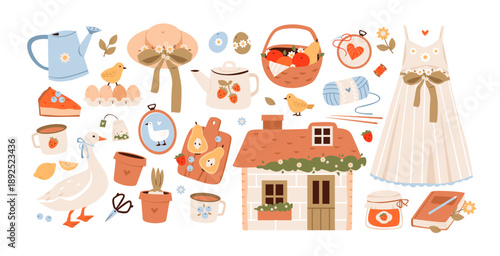 Cottagecore Spring Set with Cozy Cottage House, Goose, Gardening and Kitchen Elements. Cozy cottagecore lifestyle with flowers, strawberries, yarn, and handmade accessories for slow living.