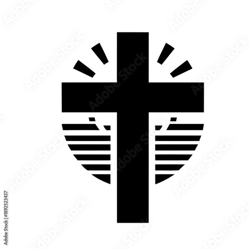 Christian cross depicted as a black silhouette against a stylized sun and horizontal lines symbolizing the sea or ground. Minimalist icon in a circular composition, isolated on white background.